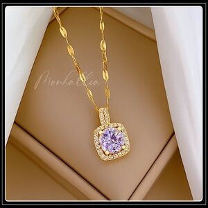 New gold steel 3ct round delicate lilac sapphire solitaire necklace Pendant